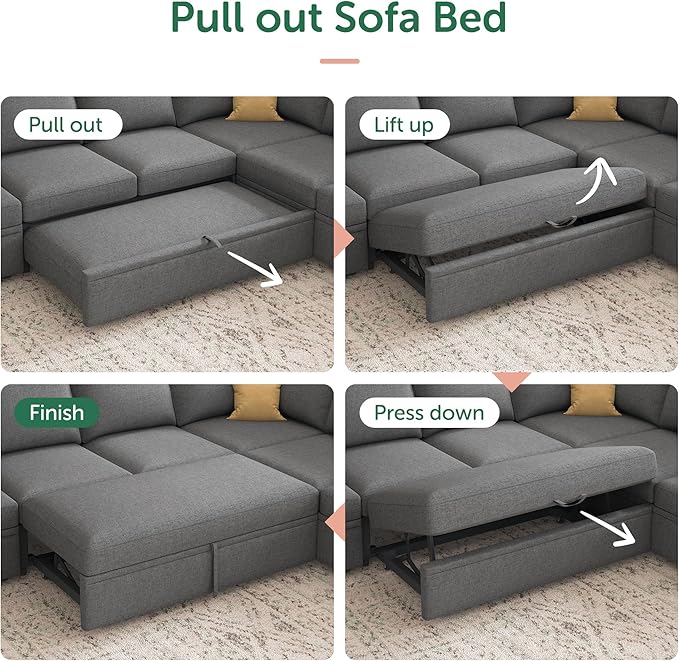HONBAY Sleeper Sectional Couch with Pull Out Bed, Modular Sleeper Sofa with Storage, U Shaped Sectional Couches for Living Room, Dark Grey