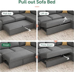 HONBAY Sectional Sleeper Sofa with Pull Out Bed, U Shaped Couch with Storage, Modular Sectional Couches for Living Room, Dark Grey