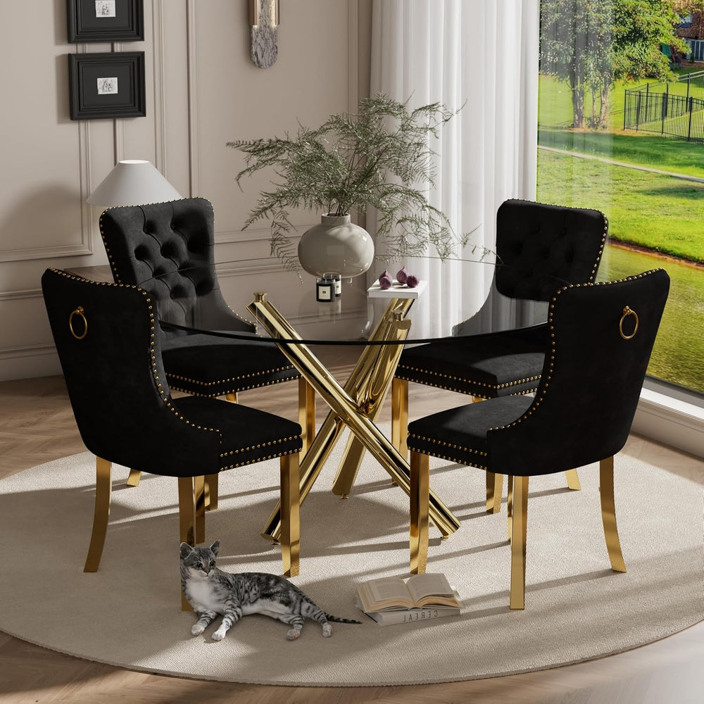 5 Piece Golden Luxury Round Glass Dining Set, Modern Minimalist Circle Kitche...