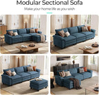 LINSY HOME 123'' Modular Sectional Sofa Blue Couch Corduroy Cloud Couches for Living Room, L Shaped Couch with Movable Ottoman, Modern Cloud Sectional Sofas for Bedroom and Apartment, Blue