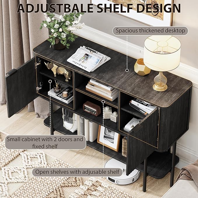 Fluted Console Table with Storage, 47" Long Entryway Table with with 2 Door Cabinets and Open Storage Shelf, Wood Sofa Table Behind Couch for Hallway Entrance Foyer Living Room, Black Grey