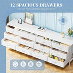 Huuger 70 Inch Dresser for Bedroom, TV Stand for 65, 75, 80 Inch TV, 12 Fabric Drawer Long Dresser, Large Storage Organizer Unit, Wide Chest of Drawer with Storage, for Living Room, White