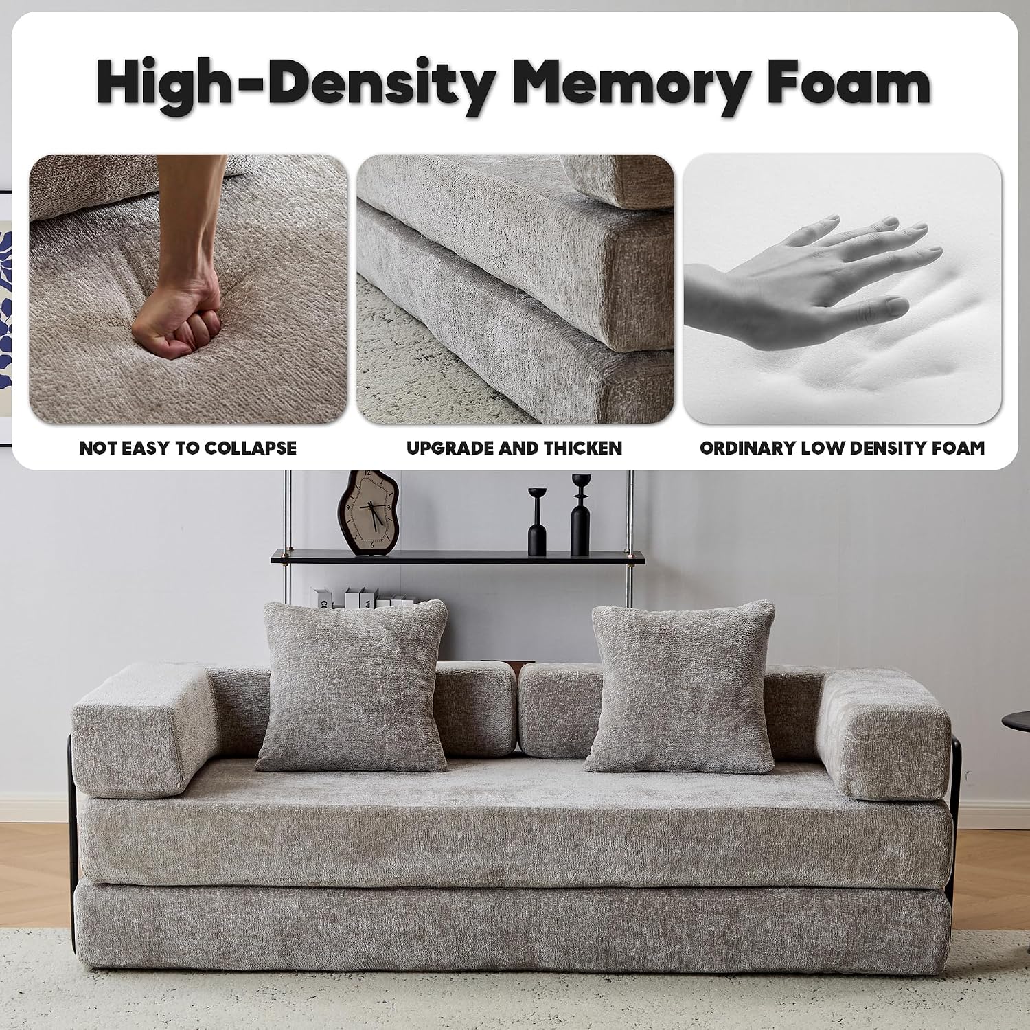 ZEIINPA Convertible Floor Sofa Bed with Fixed-Shape Frame, Modular Chenille Folding Mattress Couch with Armrest, Floor Sofa Lounge Couch for Living Room Bedroom Lounge Studio,Light Gray