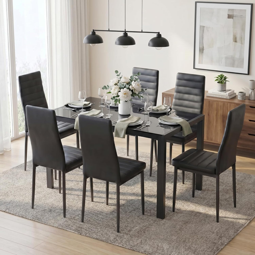 Gizoon Glass Dining Table Sets for 6, 7 Piece Kitchen Table and Chairs Set for 6 Person, PU Leather Modern Dining Room Sets for Home, Kitchen, Living Room