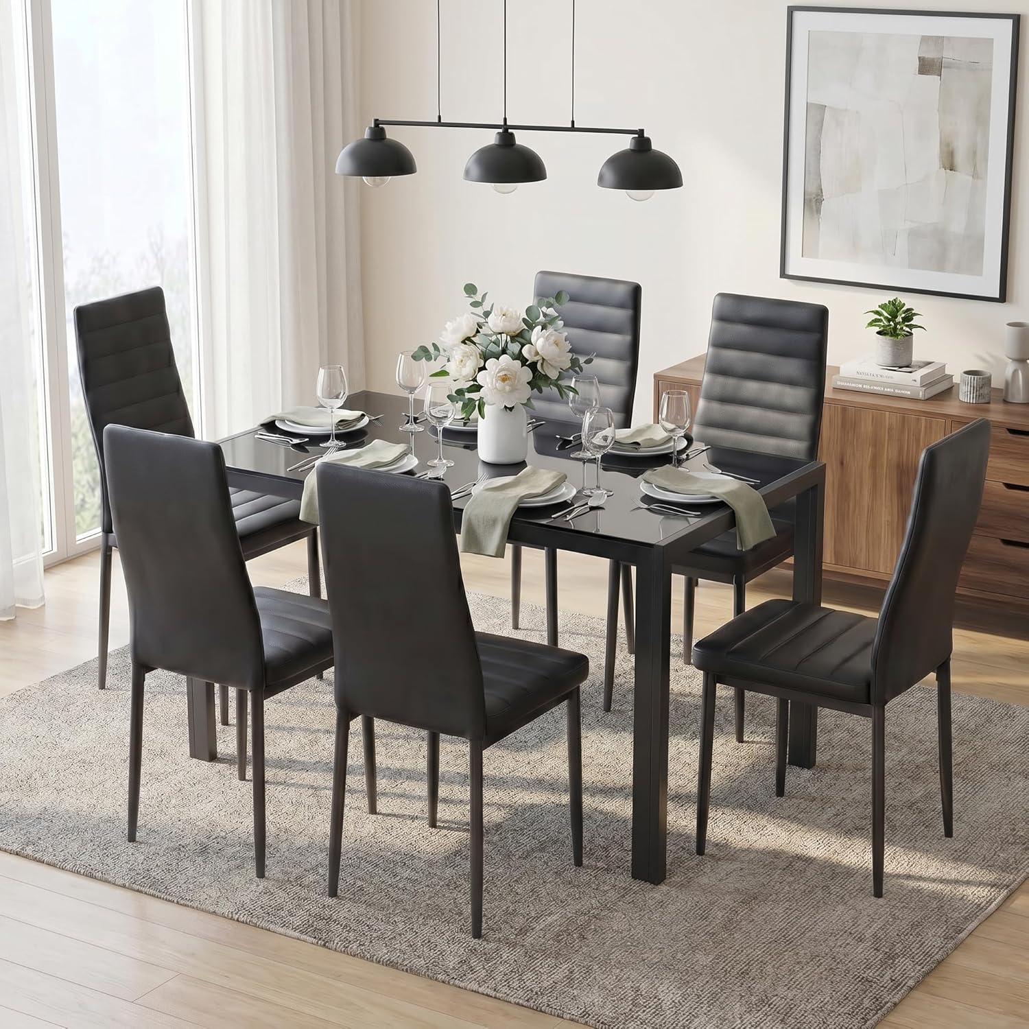 Gizoon Glass Dining Table Sets for 6, 7 Piece Kitchen Table and Chairs Set for 6 Person, PU Leather Modern Dining Room Sets for Home, Kitchen, Living Room