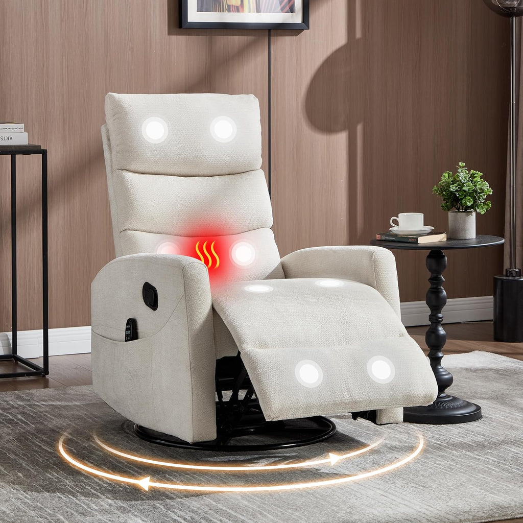 Manual Swivel Rocker Recliner Chair for Adults, Overstuffed Glider Chair for Nursing with Vibration Massage & Lumbar Heat, Living Room Rocking Recliner 3-Stage backrest, Chenille Fabric Beige