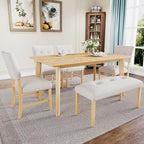 Merax 6 Piece Solid Wood Dining Table Set for 6, Rustic Farmhouse Rectangular with 4 Upholstered Wooden Chairs and 1 Bench, Kitchen Room, Natural Wood Wash