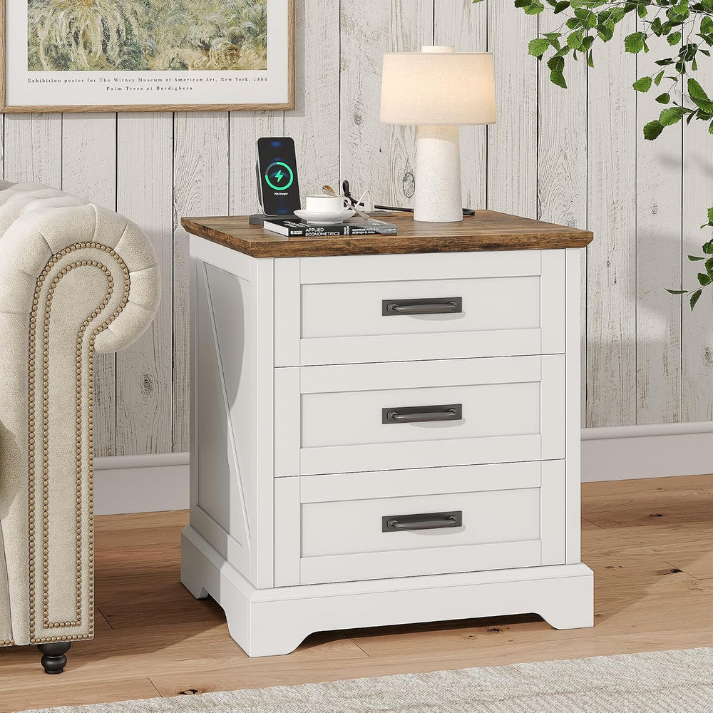 Whalefall 3 Drawers Farmhouse Nightstand with Charging Station, White | 22...