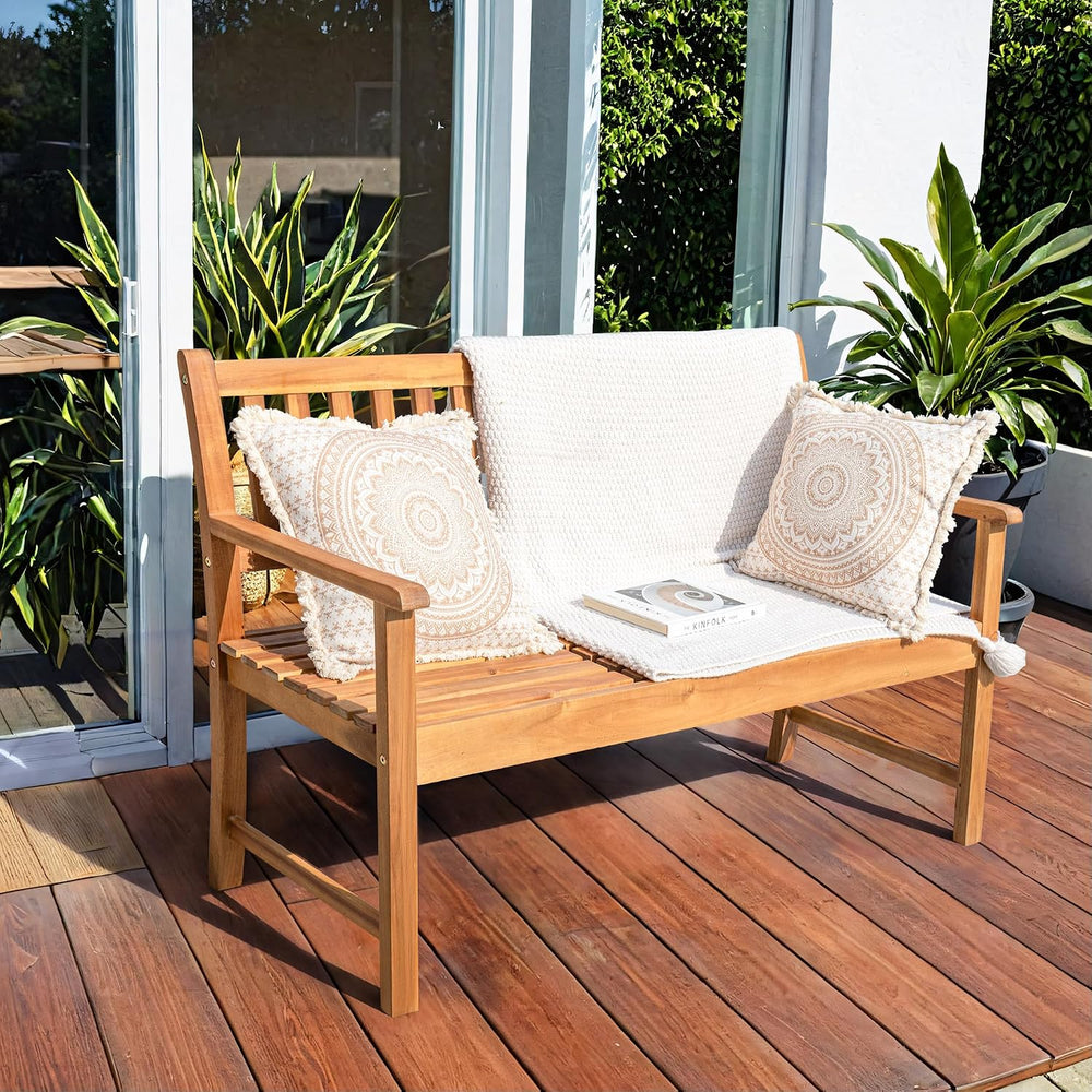 Greesum Outdoor Bench 2-Person Acacia Garden Chair Patio Porch Furniture with...