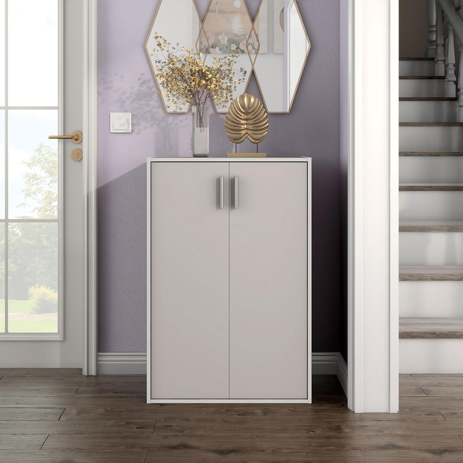 Homes: Inside + Out Apexa 3-Tier Stackable Wood Bookcase with Doors, Cube Storage Organizer Shelves, Small Food Pantry Cabinet, Dorm Teen Room Decor & Bedroom, Home Office, Kitchen, Taupe Grey