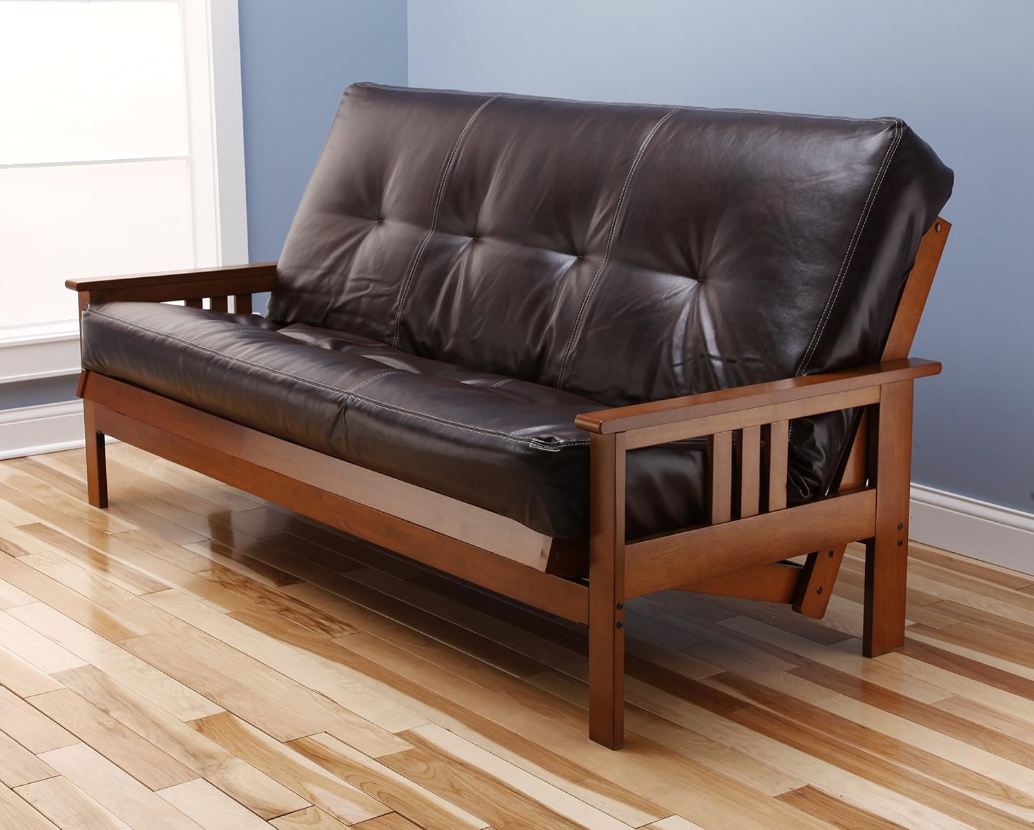 Toronto Futon Set "Frame and Mattress" Full Size Wood Finish w/ 8 Inch Innerspring Matt includes Choice to add Drawers Sofa Bed Couch Sleeper (Frame and Matt Only, Leather Bonded Dark Brown)
