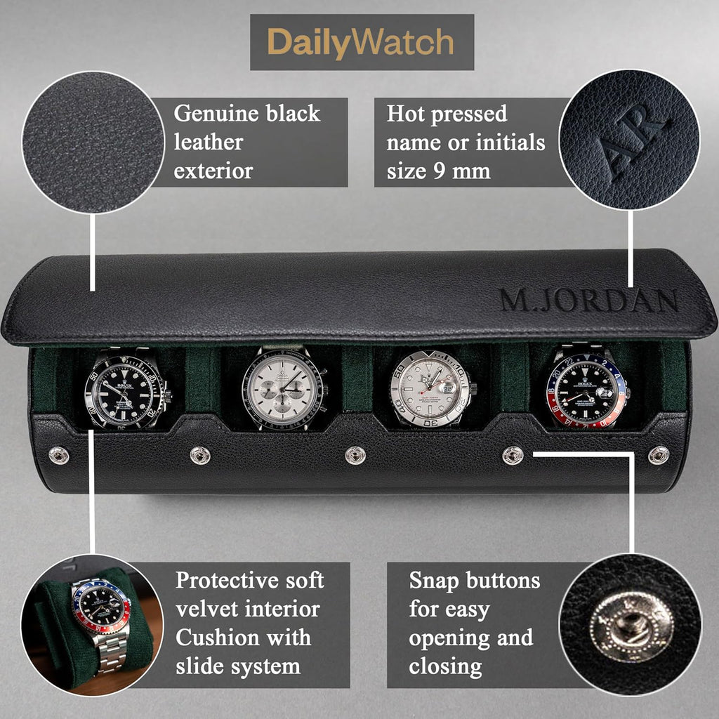 DailyWatch | Personalized Watch Roll Travel Case For 4 Watches - Handmade Genuine Leather Travel Case With Custom Engraving of Name or Initials - Black Green