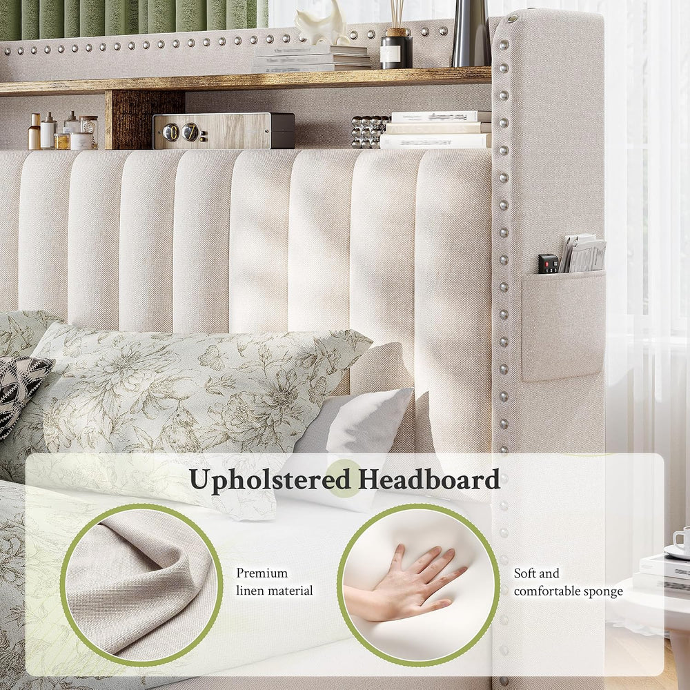 EnHomee King Size Bed Frame with 2 Drawer & 2-Tier Storage Headboard Shelf