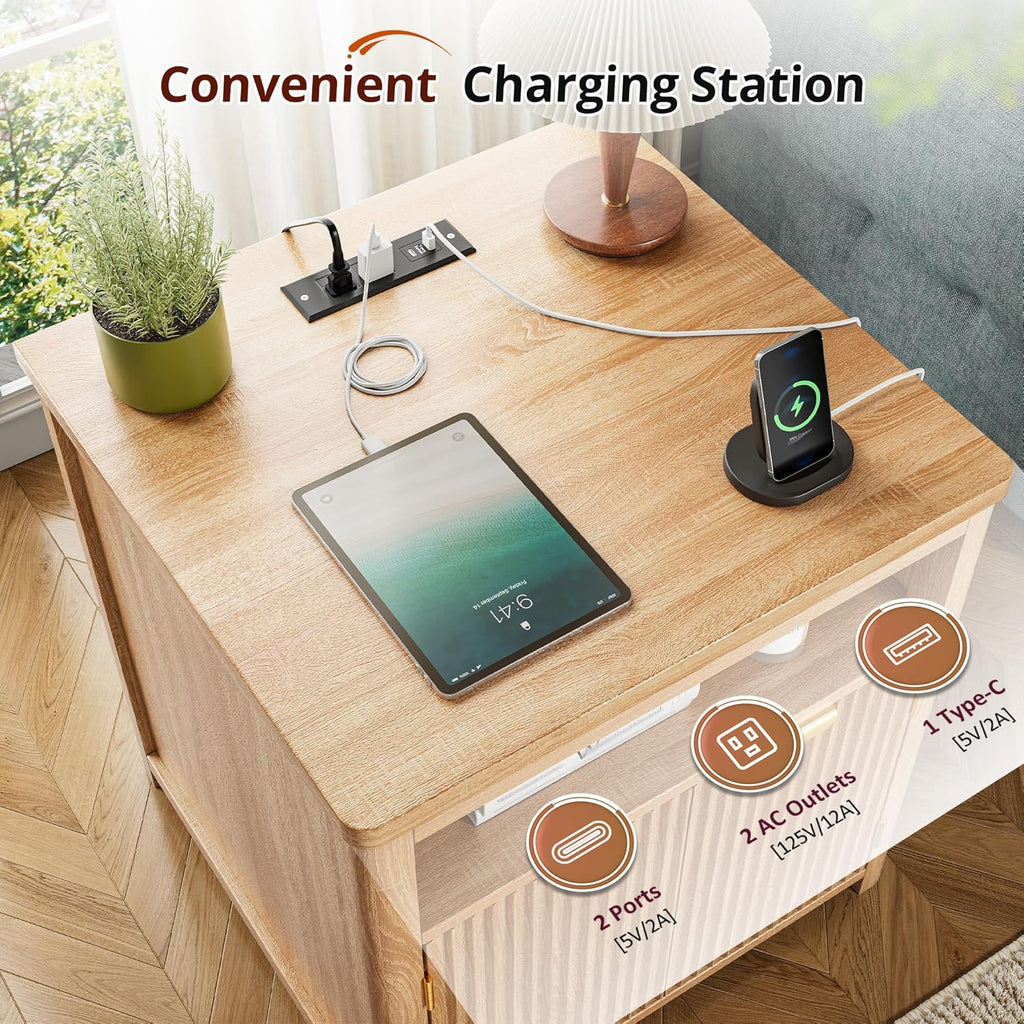 Fluted Nightstands Set of 2 with Charging Stations, 23.6" Wide Natural Oak Nightstand with Storage Drawers, Side Tables, Modern Farmhouse End Tables for Bedroom, Natural Oak