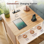 Fluted Nightstands Set of 2 with Charging Stations, 23.6" Wide Natural Oak Nightstand with Storage Drawers, Side Tables, Modern Farmhouse End Tables for Bedroom, Natural Oak