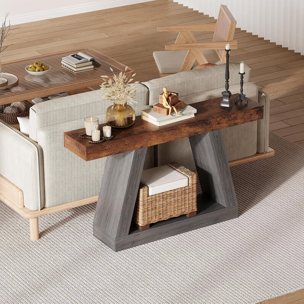55in Farmhouse Console Table - 2-Tier Wooden Trapezium Sofa Table - Skinny En...