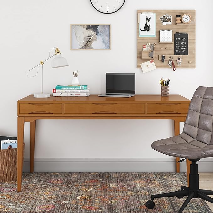 SIMPLIHOME Harper Desk - 60-Inch Wide Solid Hardwood Writing Desk in Light Golden Brown, Mid-Century Modern Home Office Computer Table for Study with 2 Drawers and Flip-Down Keyboard Tray