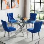 Henf 5 Piece Round Glass Dining Table Set for 4, Modern 47" Round Dining Table & Chair Set Circle Glass Kitchen Table and 4 Velvet Tufted Chairs for Kitchen Dining (Silver Table & Blue Chair)