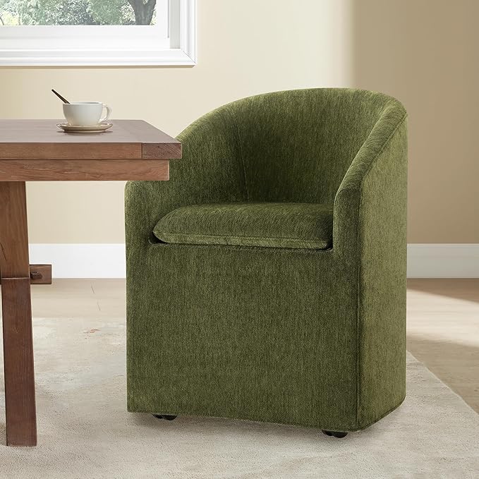 Upholstered Dining Chairs with Casters, Washable Cover Modern Dining Room Chairs with Barrel Backrest & Armrest, Vanity Chair with Wheels for Kitchen, Living Room, Bedroom, Green Fabric, 1PCS