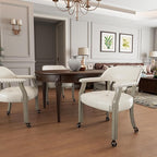 LEEMTORIG Large Dining Chairs with Casters and Arms, Rolling Dining Chairs with Wheels, Accent Game Poker Table Chairs, Solid Wood Office Chairs, 26“Dx25.2 Wx31.5“H, Grey Legs & Ivory PU SY-1318-WT