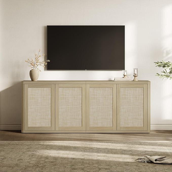 SICOTAS Rattan TV Stand for 65 70 inch TV - Large Entertainment Center TV Consoles for Living Room Bedroom, Farmhouse Television Stands with Storage Cabinet Boho Modular Media Console, Sand Oak