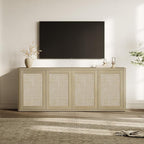 SICOTAS Rattan TV Stand for 65 70 inch TV - Large Entertainment Center TV Consoles for Living Room Bedroom, Farmhouse Television Stands with Storage Cabinet Boho Modular Media Console, Sand Oak