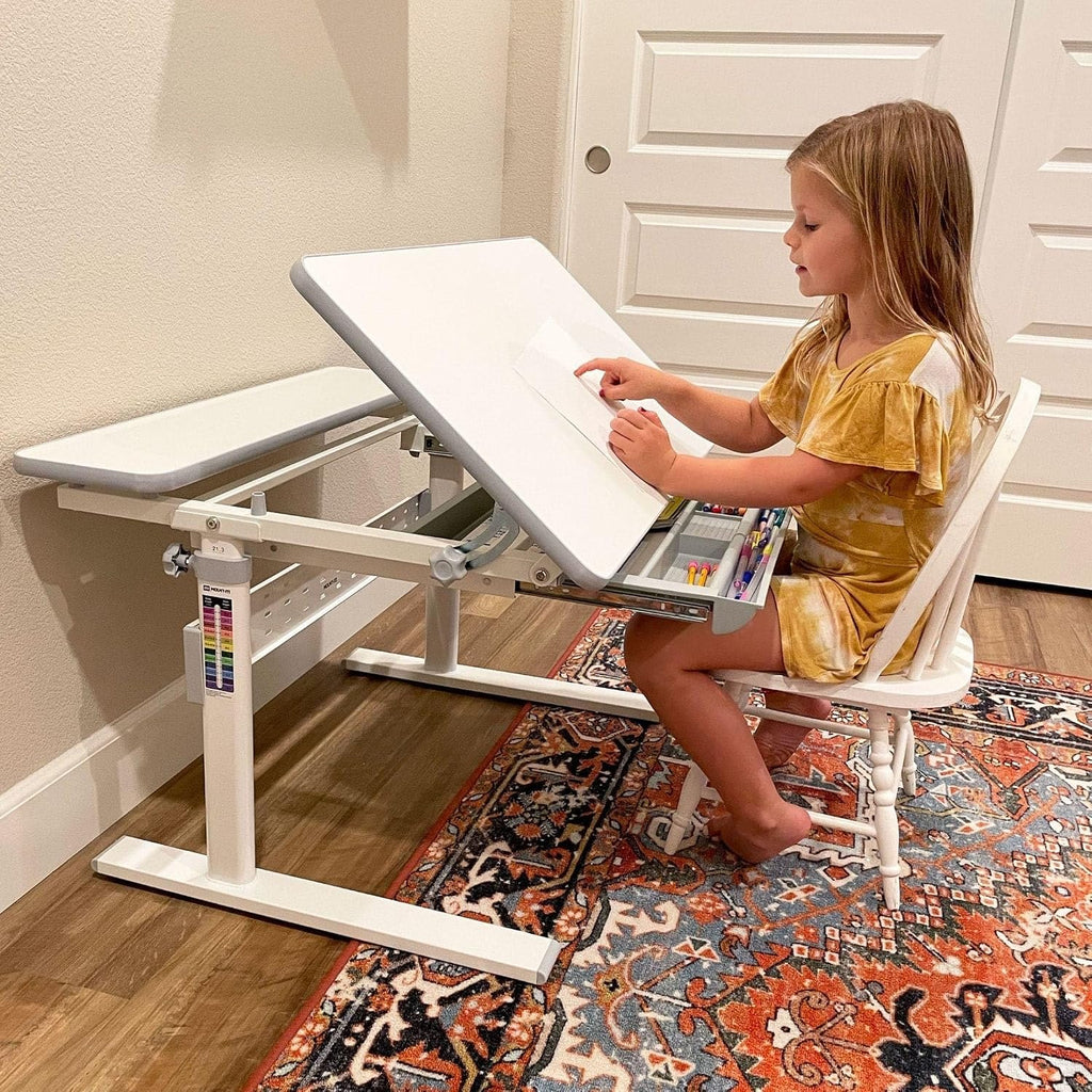 Mount-It! Kids Adjustable Desk with Tilting Desktop, Height Adjustable Study Table with Storage Drawer, Ergonomic Desk for Writing, Drawing & Homework, 31.5" x 26" Desktop Size (Gray)