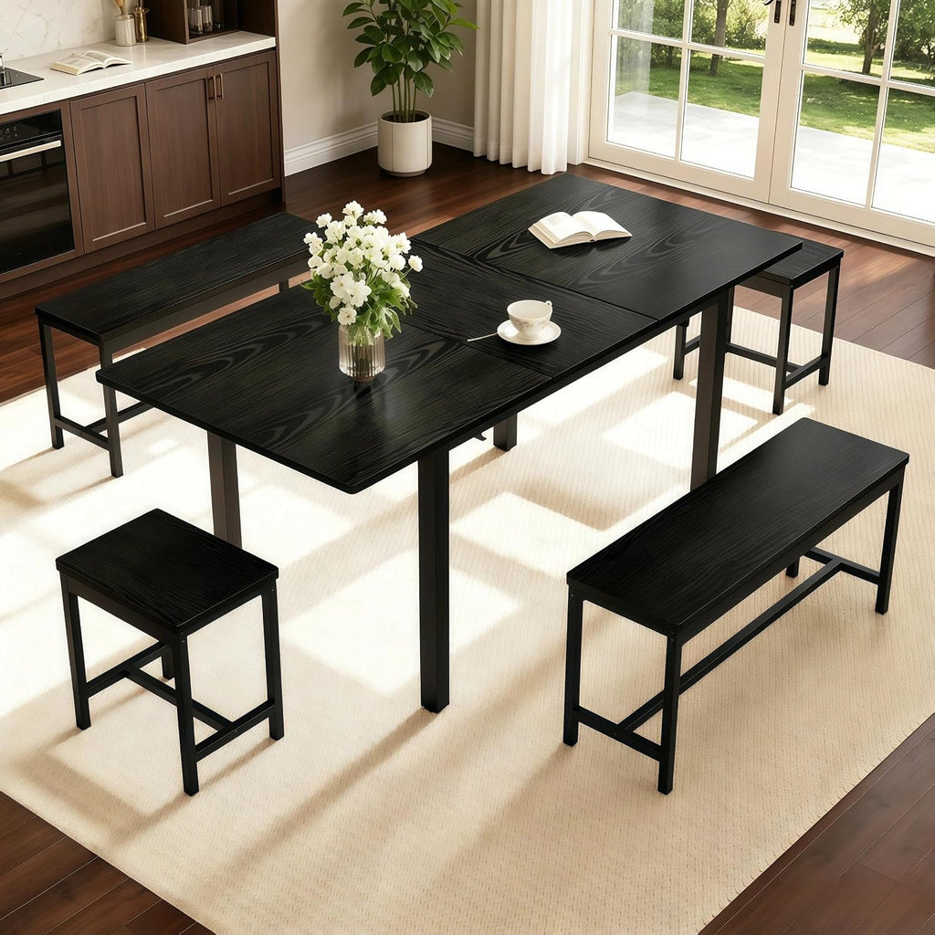 GarveeHome 5 PCs Dining Table Set for 6-8 People, 63 in Extendable Kitchen Table Set with 2 Benches and 2 Square Stools, Modern Dining Room Furniture Sets, Easy Assembly, Black
