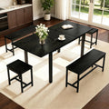 GarveeHome 5 PCs Dining Table Set for 6-8 People, 63 in Extendable Kitchen Table Set with 2 Benches and 2 Square Stools, Modern Dining Room Furniture Sets, Easy Assembly, Black