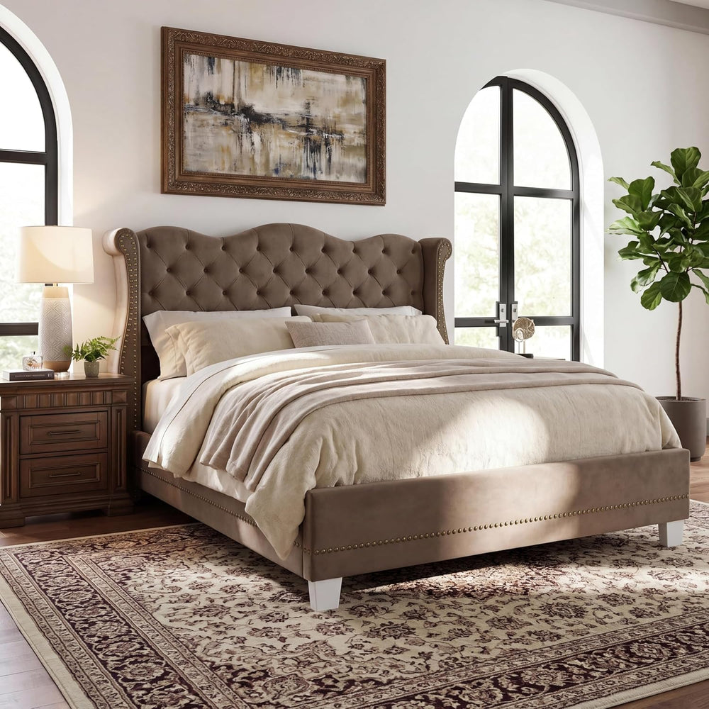 King Size Upholstered Bed Frame with Velvet Fabric &Thick Tufted Wingback...