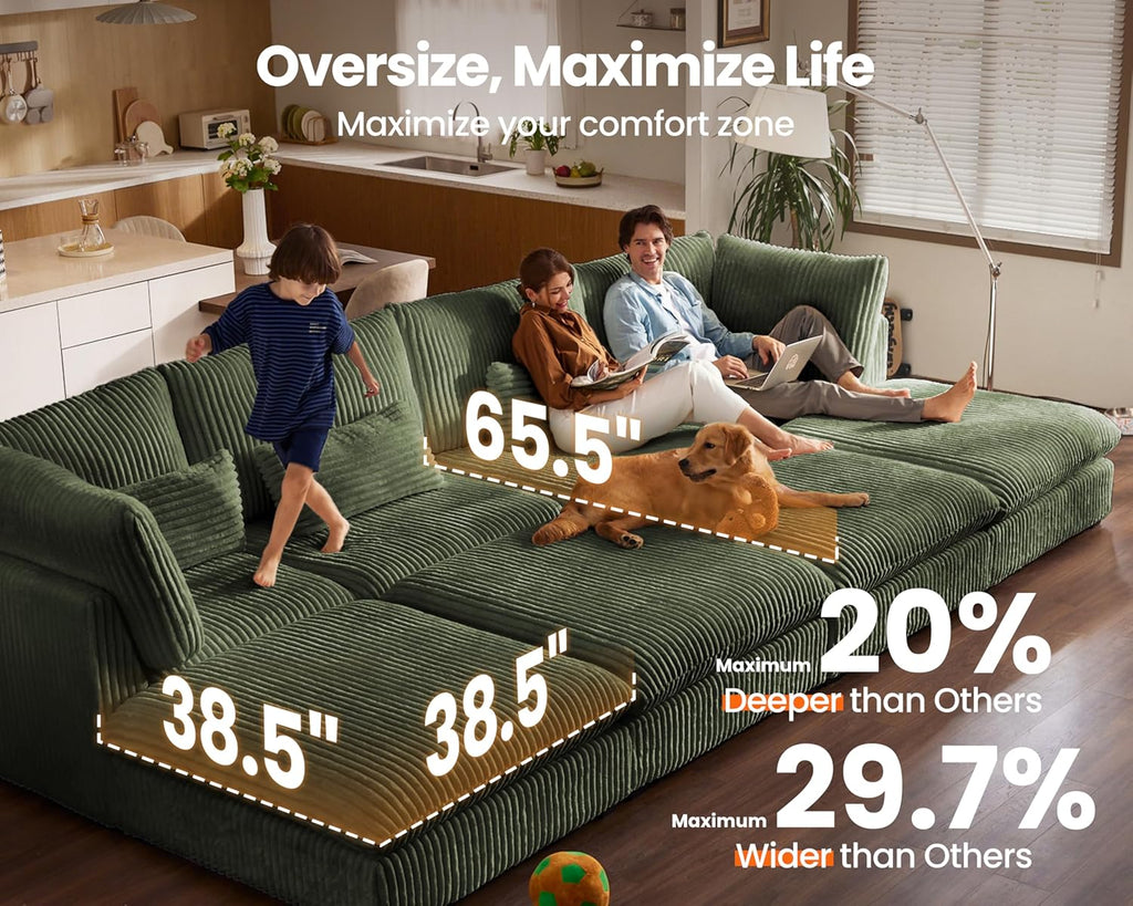 115" Oversized Corduroy Couch Modular Sectional Sofa, Washable Cloud Couch Sectional with 3 Ottoman, 6 Seater Sectional Couches for Living Room, Fully Cover Removable, Sleeper Sofa, Corduroy, Green