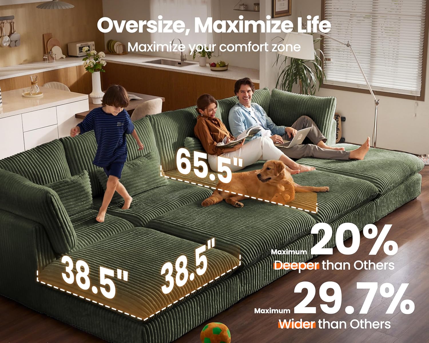 115" Oversized Corduroy Couch Modular Sectional Sofa, Washable Cloud Couch Sectional with 3 Ottoman, 6 Seater Sectional Couches for Living Room, Fully Cover Removable, Sleeper Sofa, Corduroy, Green