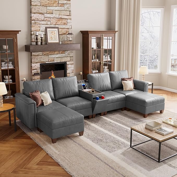 SITJOY 132" Faux Leather Modular Sectional Sofa with Storage, Mid Century Modern Sectional Couches for Living Room, 6 Seat U Shaped Couch with Ottoman and Console Table, Hidden Cupholders, Gray