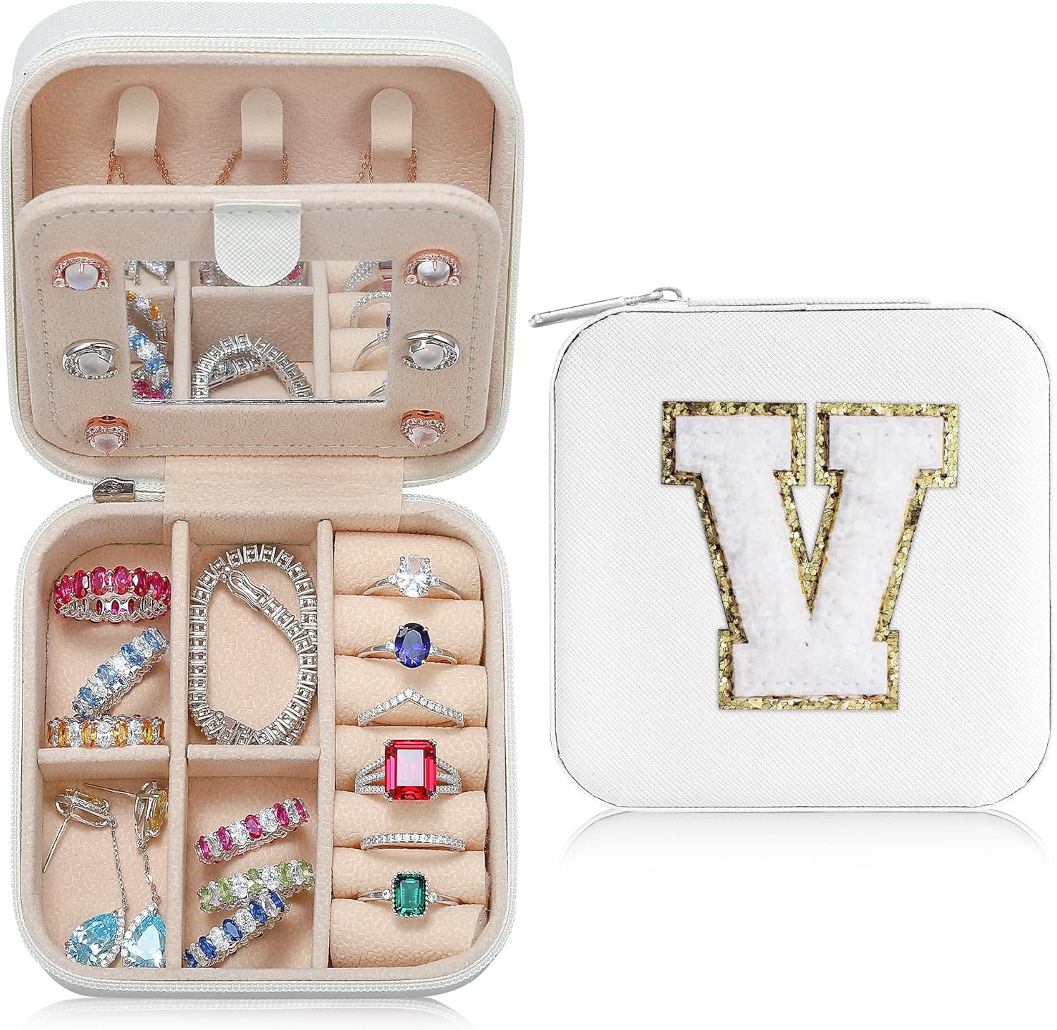 Parima Travel Jewelry Organizer for Women | Necklace, Earring, Ring Organizer | Women's Travel Gifts - Letter V, White