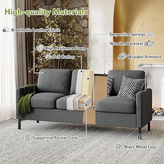 STHOUYN 72" W 3 Seater Couch with 2 USB, Comfy Grey Couch with 2 Pockets, Living Room Sofas with Reinforced Steel Frame, Cheap Sofas for Small Spaces, Dorm, Bedroom
