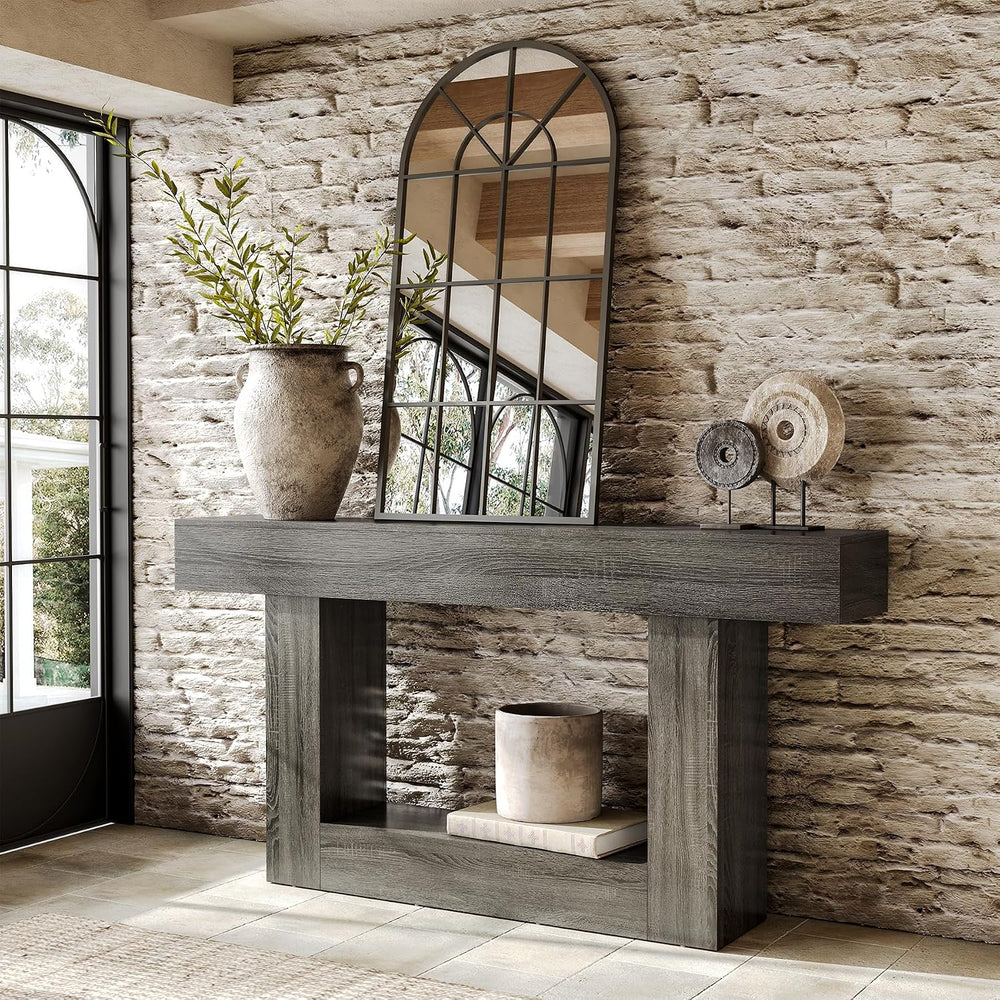 LITTLE TREE 63 Inches Long Console Table, 2-Tier Farmhouse Sofa Table Behind ...