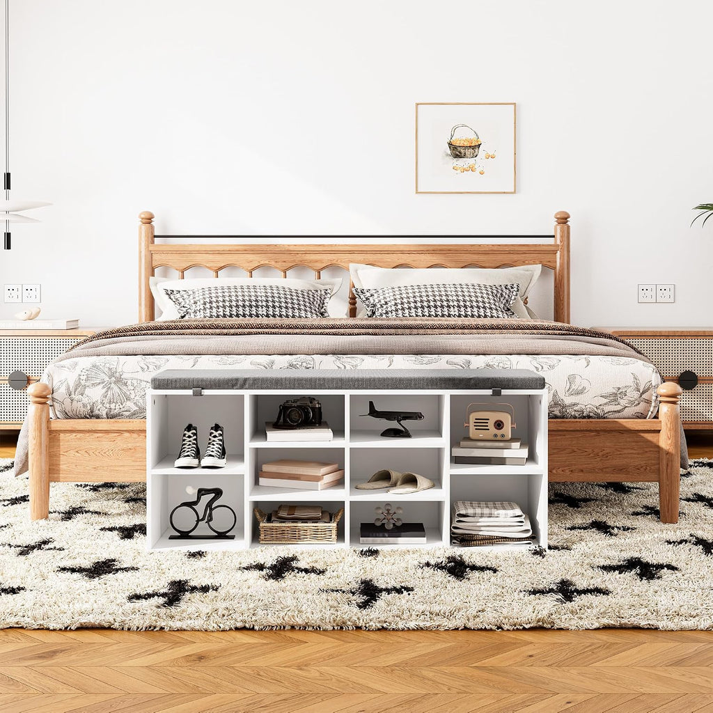 Shoe Storage Bench with Cushion, 41'' Long Entryway Bench with 10 Compartments Shoe Rack, Multifunctional Cubby Storage Organizer for Living Room, Hallway, Bedroom and Closet, White