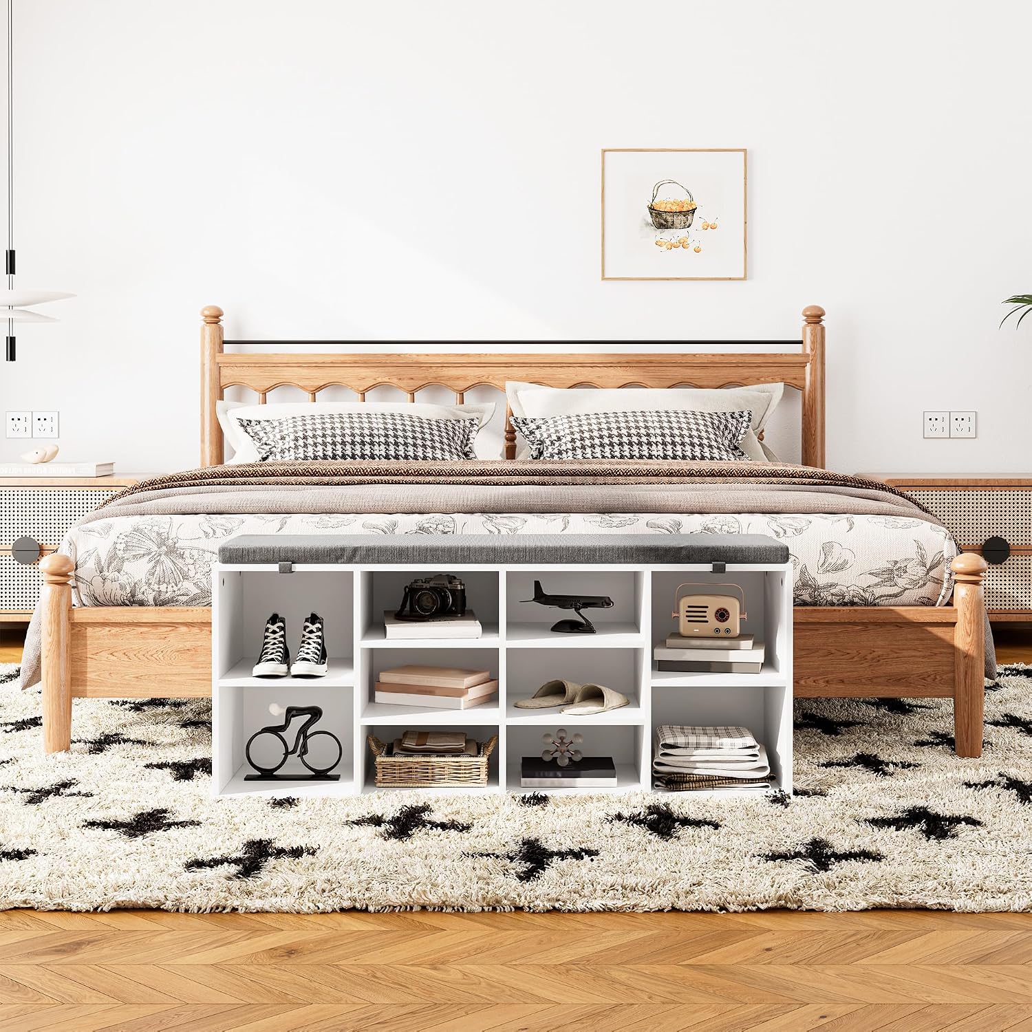 Shoe Storage Bench with Cushion, 41'' Long Entryway Bench with 10 Compartments Shoe Rack, Multifunctional Cubby Storage Organizer for Living Room, Hallway, Bedroom and Closet, White