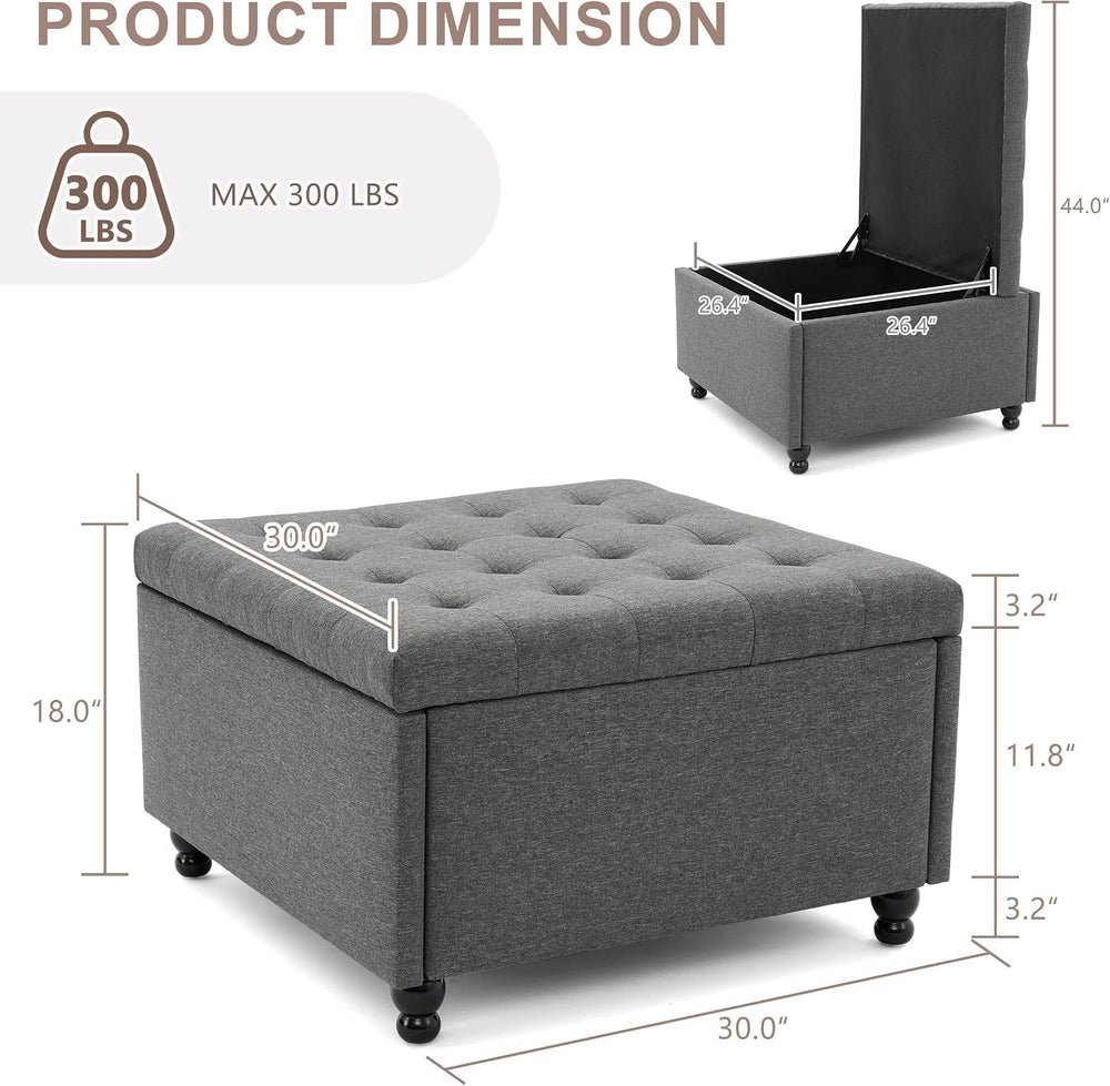 30" Large Square Ottoman with Storage, Fabric Ottoman Coffee Table, Grey...
