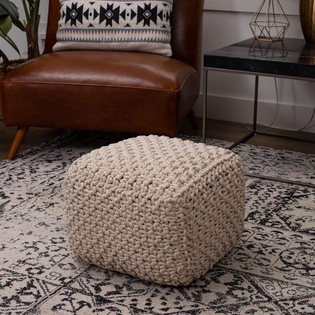 BIRDROCK HOME Square Pouf Ottoman - Cotton Braided Foot Stool with Bean Bag Filling - Compact and Comfortable Seating, Lightweight and Sturdy Boho Foot Rest for Living Room or Bedroom (Natural)