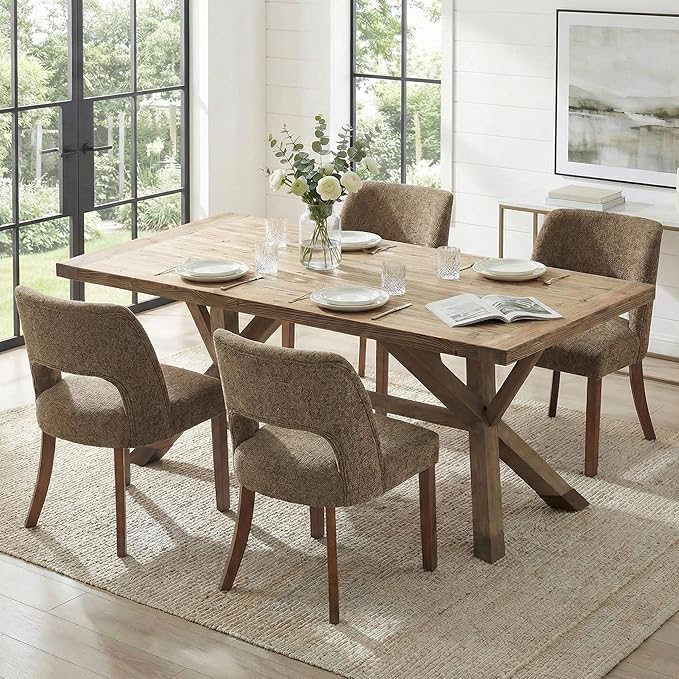 keoni Wooden Dining Chairs Set of 6, Mid Century Modern Upholstered Dining Room Chairs with Rubberwood Legs, Fabric Farmhouse Kitchen Chairs with Foot Pegs for Dining Room, Dark Brown
