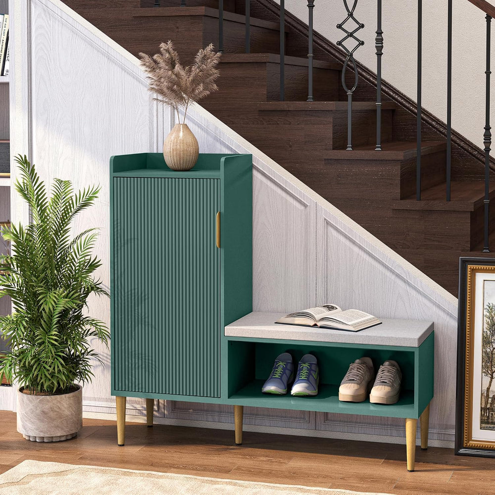 Storage Bench with Fluted Door&Shelf, Modern Entryway Bench with Padded S...