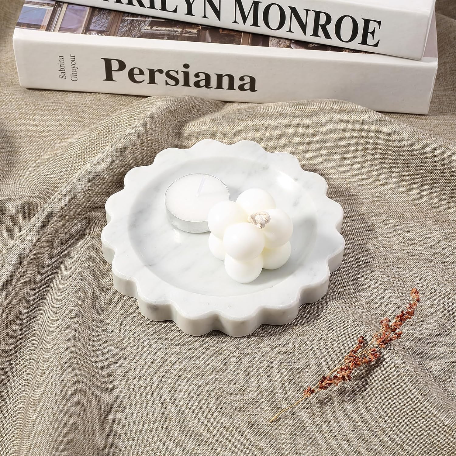 5.51" Scalloped Marble Tray, Round Stone Jewelry Trinket Dish for Ring, Natural Small Marble Tray for Bathroom Kitchen Dresser Countertop, Decorative Candle Tray(Bianco Carrara)