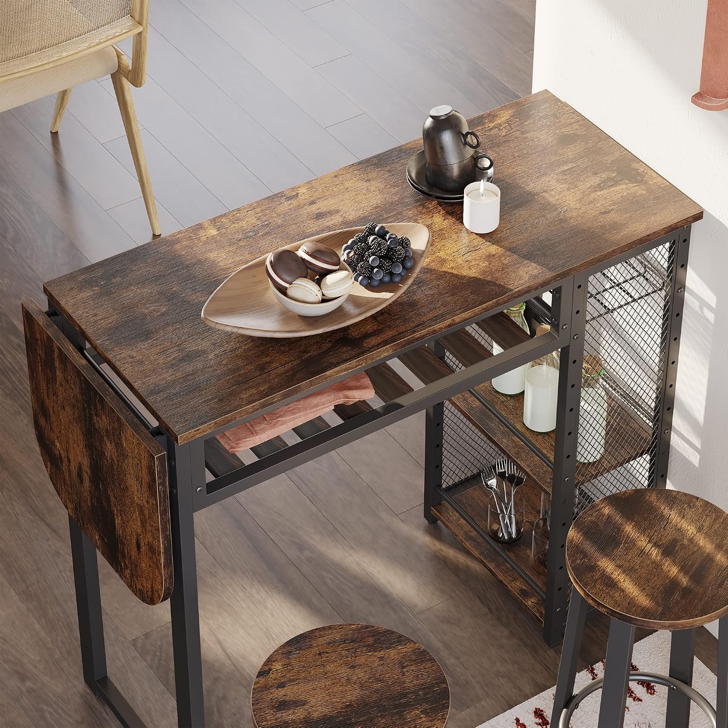 Bestier Bar Table and Chair Set, Expandable Dining Table with 2 Bar Stools, Industrial Kitchen Counter with Wine Rack & 3 Tier Adjustable Storage Shelves Rustic Brown