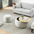 Ball & Cast Round Upholstered Storage-Ottoman Set with Wood Tray, Large Storage Coffee Table w/Footstool & Removable Lid, Dia 25" Padded Bench & End Side-Table for Living Bedroom, Light Grey