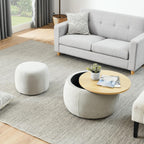 Ball & Cast Round Upholstered Storage-Ottoman Set with Wood Tray, Large Storage Coffee Table w/Footstool & Removable Lid, Dia 25" Padded Bench & End Side-Table for Living Bedroom, Light Grey