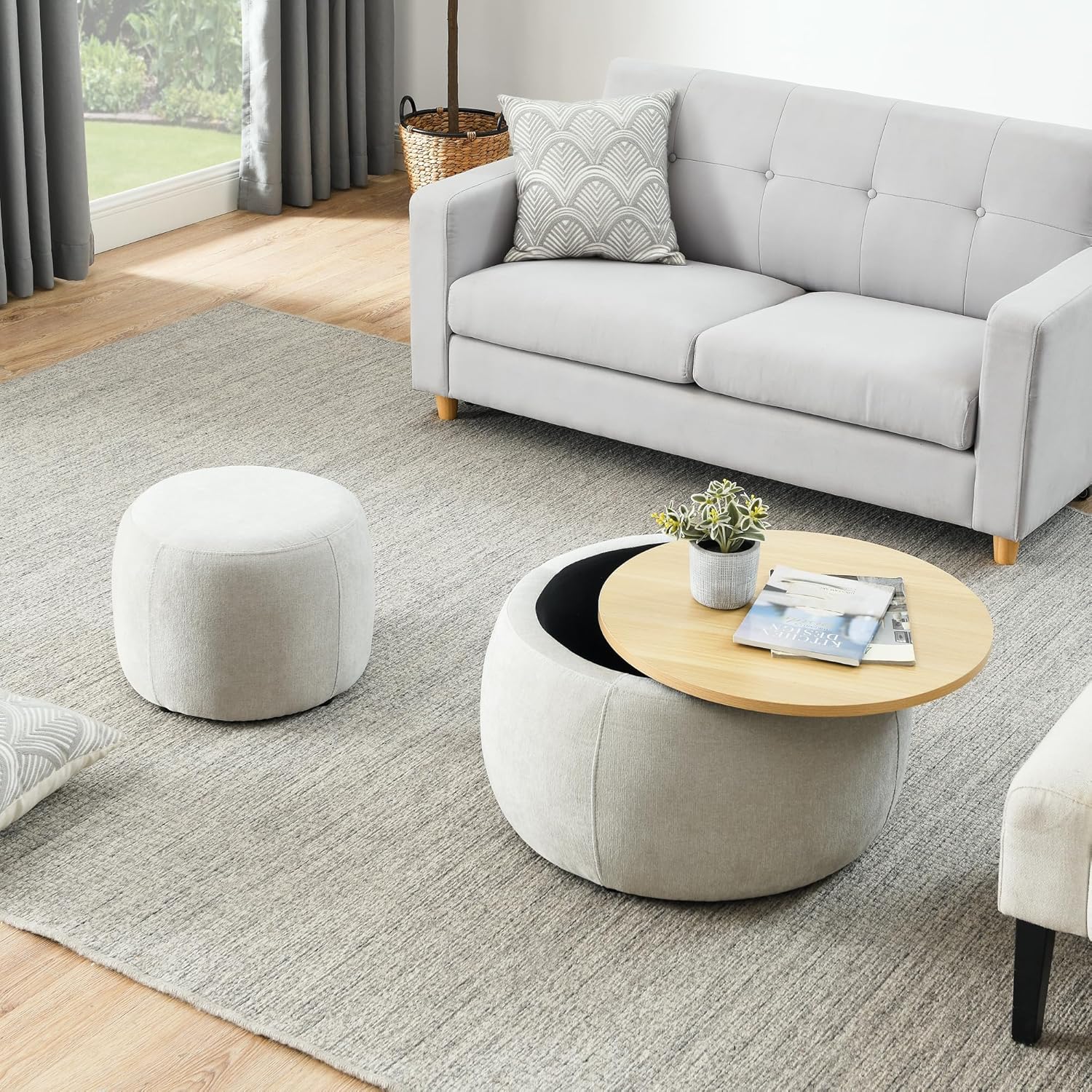 Ball & Cast Round Upholstered Storage-Ottoman Set with Wood Tray, Large Storage Coffee Table w/Footstool & Removable Lid, Dia 25" Padded Bench & End Side-Table for Living Bedroom, Light Grey