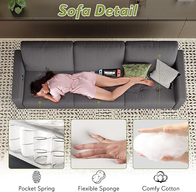 STHOUYN 73" W 3 Seater Sofa Couch with USB Ports, Grey Comfy Couches for Small Spaces, Mid Century Modern Couch Loveseat for Living Room, Apartment, Bedroom (Dark Grey)