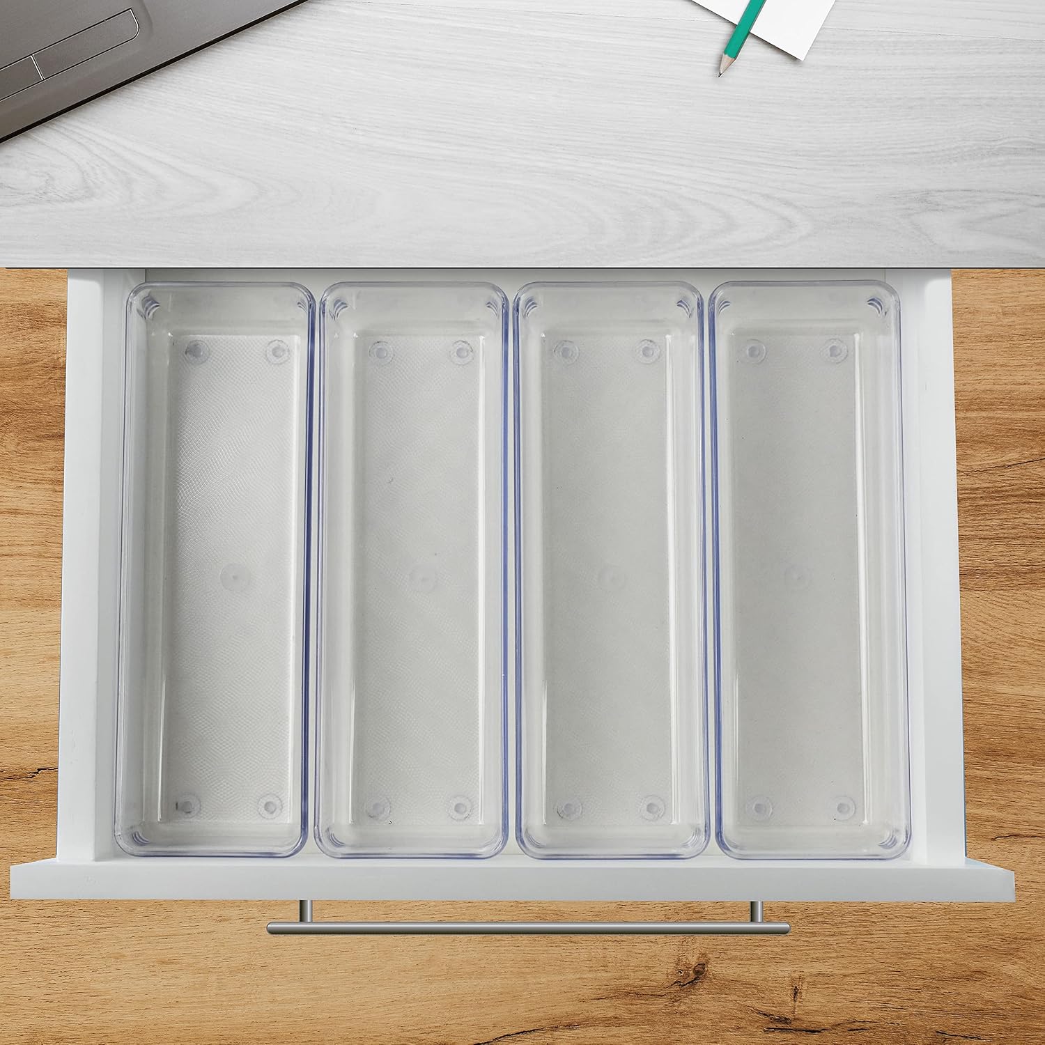 Acrimet Drawer Organizer Modular, Box Tray Storage Bins for Office, Home, Makeup, Kitchen, Junk Drawer ( 4 Pieces) (Clear Crystal Plastic)
