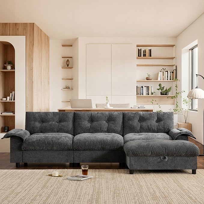 Ball & Cast Modular L Shaped Sectional Sofa W/Movable Storage Ottoman&Dual-Port Charging,4 Seater Chenille Upholstered Couch W/Side Storage Pockets&Cup Holder,for Living Room,Apartment,Dark Gray,104"